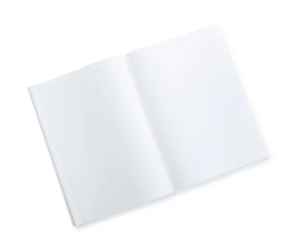 Folheto Papel Branco Aberto Isolado Branco Vista Superior Mockup Para — Fotografia de Stock