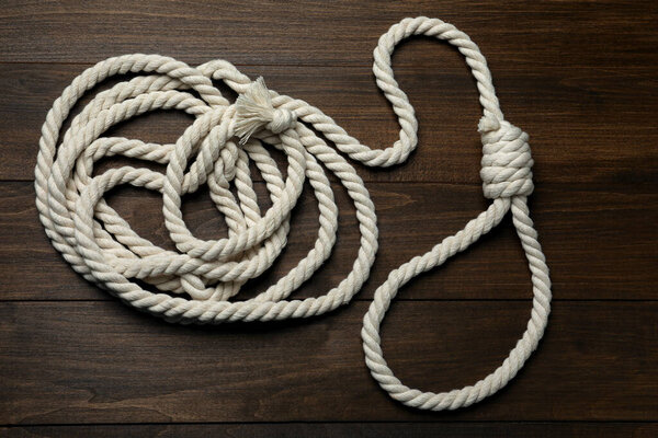 Rope noose on wooden table, top view