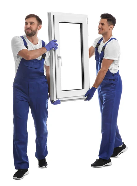 Trabajadores Con Ventana Plástico Sobre Fondo Blanco Servicio Instalación —  Fotos de Stock