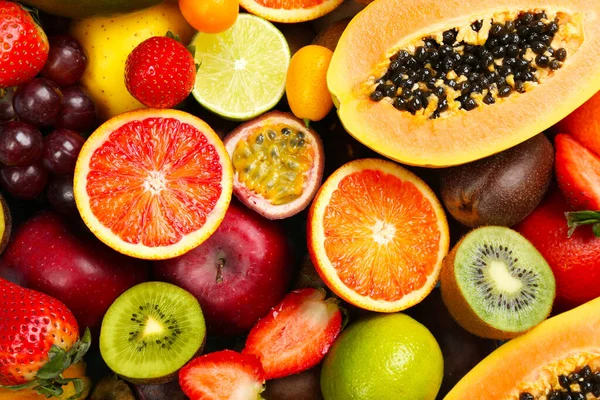 Muchas Frutas Exóticas Deliciosas Diferentes Como Fondo Vista Superior — Foto de Stock