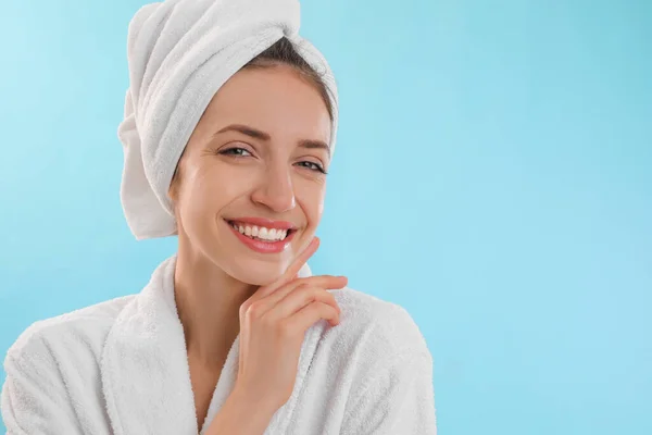 Beautiful Young Woman Hair Wrapped Towel Washing Light Blue Background — Stock Photo, Image