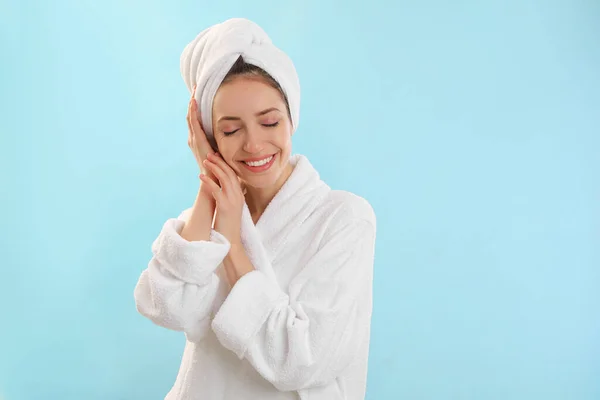 Beautiful Young Woman Hair Wrapped Towel Washing Light Blue Background — Stock Photo, Image