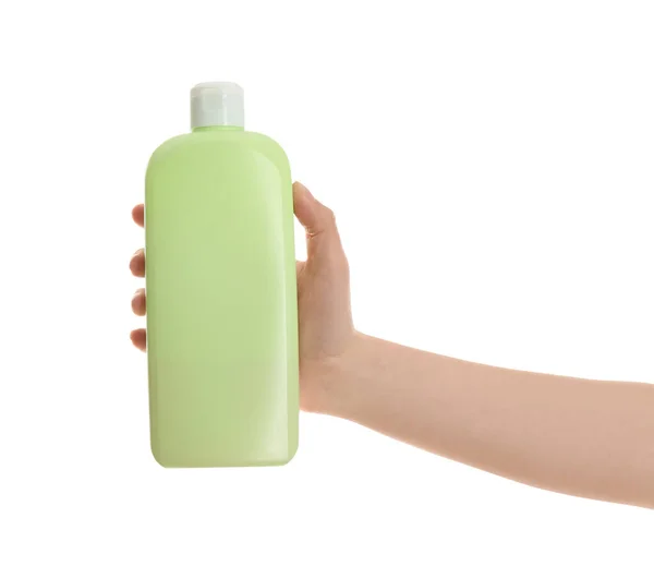 Woman Holding Bottle Shower Gel White Background Closeup Mockup Design — Stock Photo, Image