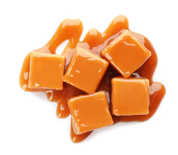 Heap Sweet Caramel Candies Topping Isolated White Top View — Stock Photo, Image