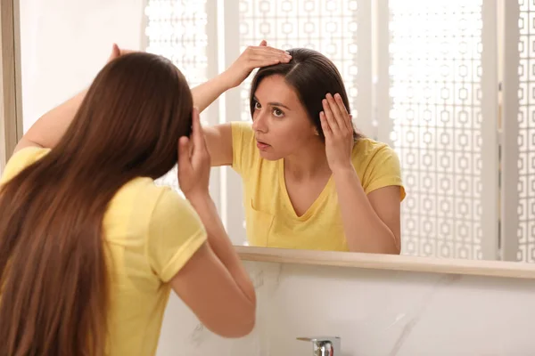 Young Woman Hair Loss Problem Looking Mirror Indoors — Stock Photo, Image