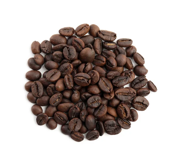 Heap Rostade Kaffebönor Isolerade Vit Ovanifrån — Stockfoto