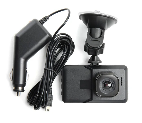 Moderne Auto Dashboard Camera Met Zuignap Oplader Witte Achtergrond Bovenaanzicht — Stockfoto