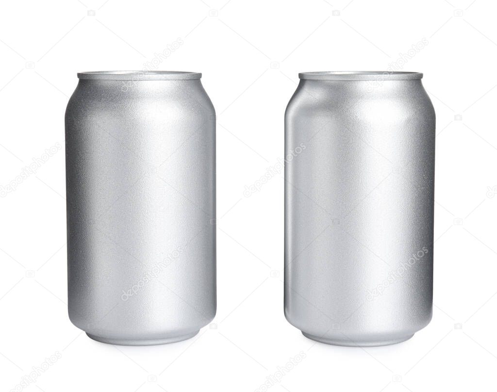 Aluminium cans of beverage on white background