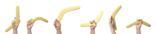 Colagem Com Fotos Mulheres Segurando Boomerangs Amarelos Fundo Branco Close — Fotografia de Stock