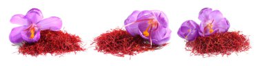 Dried saffron and crocus flowers on white background, collage. Banner design clipart