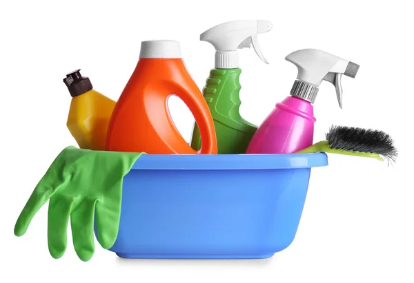 Plastic Basin Cleaning Supplies Isolated White — Stock Photo, Image