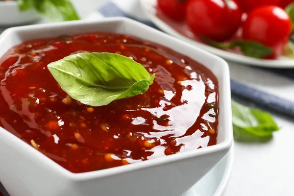 Spicy Chili Sauce Basil Light Table Closeup — Stock Photo, Image