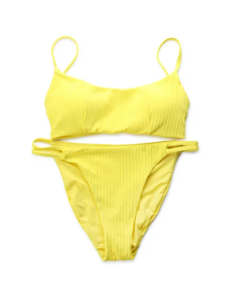 Stylish Yellow Swimsuit Isolated White Top View Beach Accessory — Stock Photo, Image