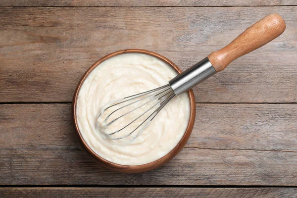 Pastry Cream Balloon Whisk Wooden Table Top View — Stock Photo, Image