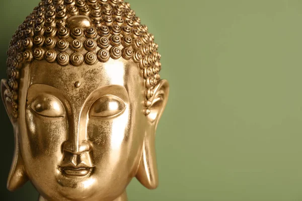 Beautiful Golden Buddha Sculpture Green Background Closeup Space Text — Stock Photo, Image
