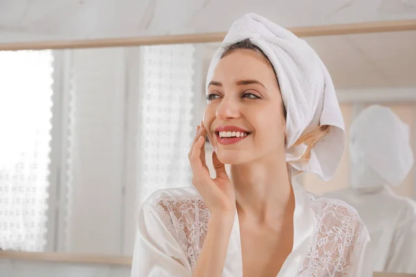 Beautiful Young Woman Hair Wrapped Towel Washing Home — Stock Photo, Image