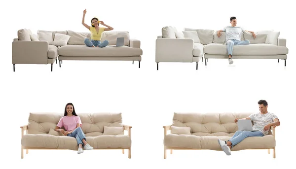 人们靠在不同风格的沙发上 靠着白色背景 拼凑在一起 — 图库照片