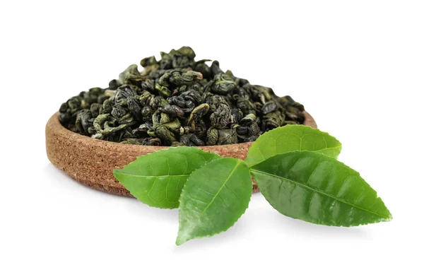 Chá Verde Seco Folhas Frescas Fundo Branco — Fotografia de Stock