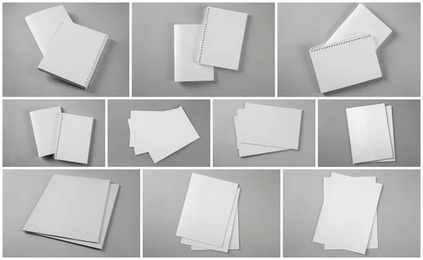 Open Blank Brochures Grey Background Collage — Stock Photo, Image