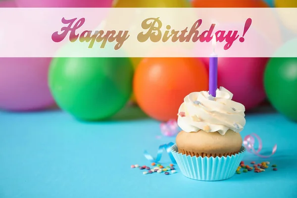 Gelukkige Verjaardag Heerlijke Cupcake Met Kaarsje Blauwe Tafel — Stockfoto