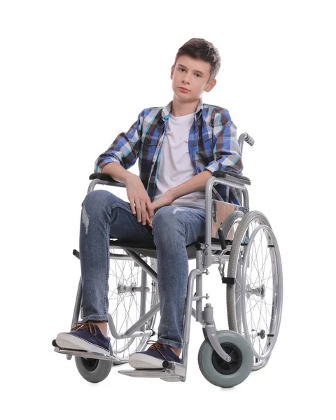 Хлопчик Підліток Інвалідному Візку Білому Тлі — стокове фото