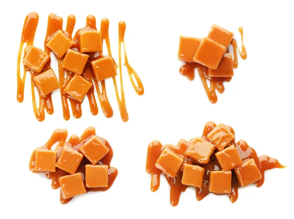 Set Delicious Caramel Candies Sauce White Background Top View — Stock Photo, Image