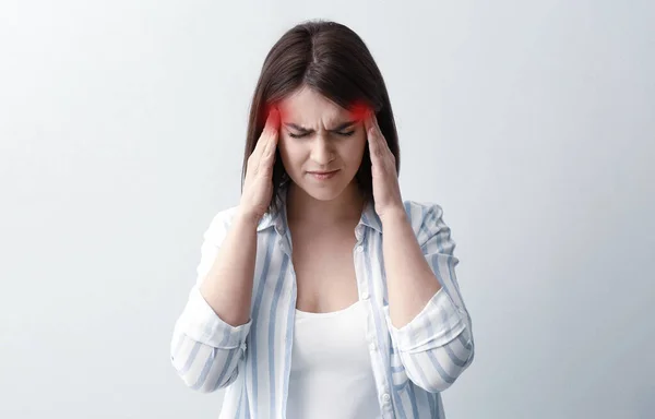 Young Woman Suffering Migraine White Background — Stock Photo, Image