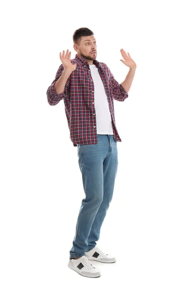 Emotional Man Avoiding Something White Background — Stock Photo, Image