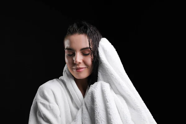 Pretty Woman Drying Hair Towel Washing Black Background — Stock Photo, Image
