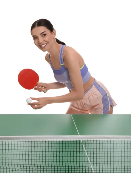 Bela Jovem Mulher Jogar Ping Pong Branco Fundo — Fotografia de Stock