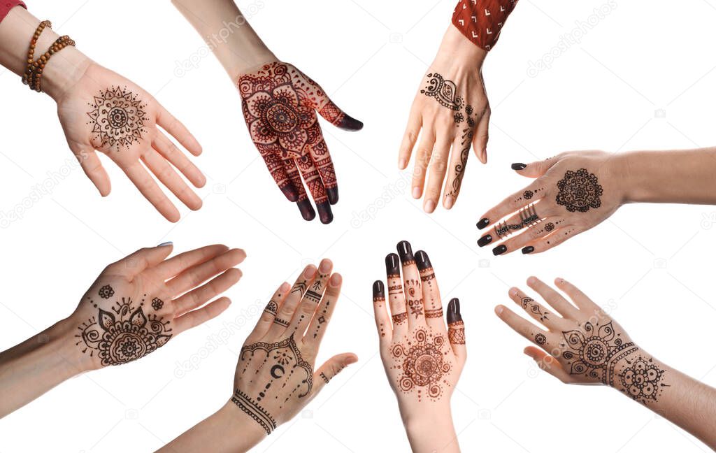 Closeup view of women with henna tattoo on hands against white background, collage. Traditional mehndi ornament