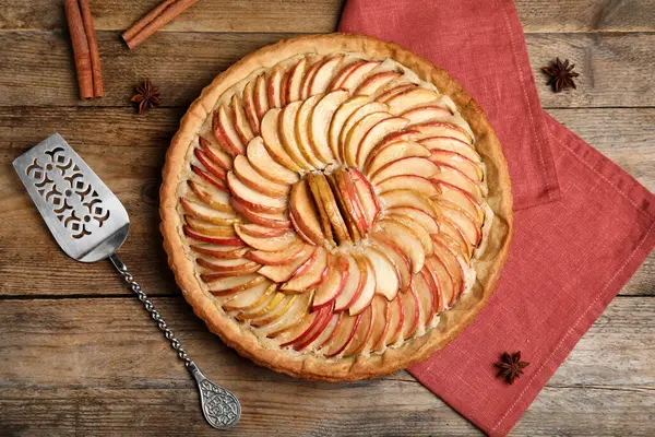 Delicioso Caseiro Torta Maçã Mesa Madeira Flat Lay — Fotografia de Stock