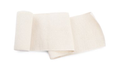 Beyaz arka planda tıbbi bandaj rulosu, üst görünüm