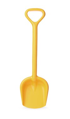 Sarı plastik oyuncak kürek beyaza izole edilmiş.