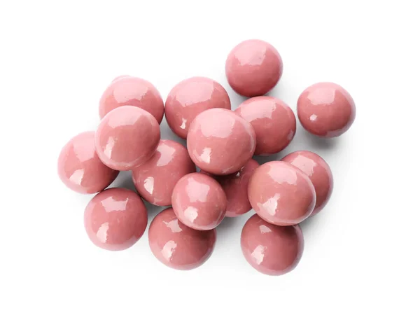 Смачні Рожеві Шоколадні Цукерки Білому Тлі Вид Зверху — стокове фото