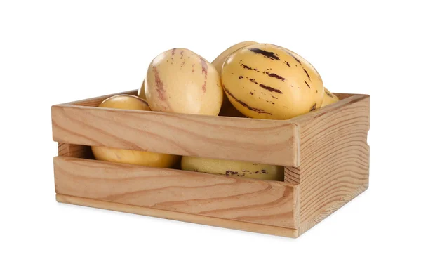 Fresh Ripe Pepino Melons Wooden Crate White Background — Photo