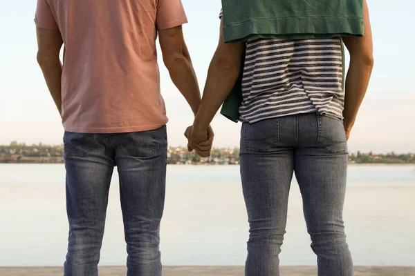 Schwules Paar Hält Sich Sonnigem Tag Flussnähe Die Hände Rückansicht — Stockfoto