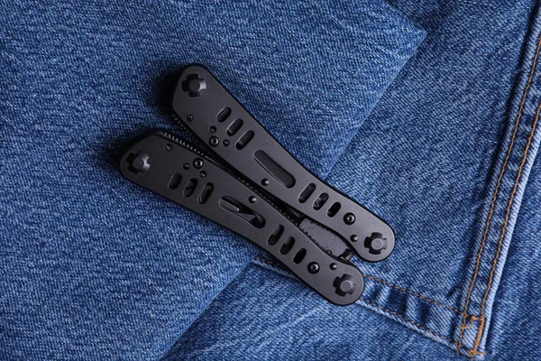 Modern Compact Draagbaar Multitool Denim Stof Bovenaanzicht — Stockfoto