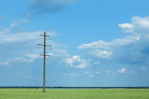 多云的天空下有电线杆的田野 — 图库照片