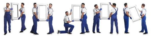 Trabajadores Con Ventana Plástico Sobre Fondo Blanco Collage Servicio Instalación — Foto de Stock