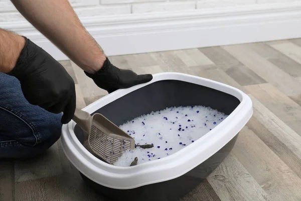 Man in gloves cleaning cat litter tray at home, closeup