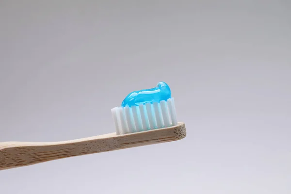 Wooden Brush Toothpaste Grey Background Closeup — Stock Photo, Image