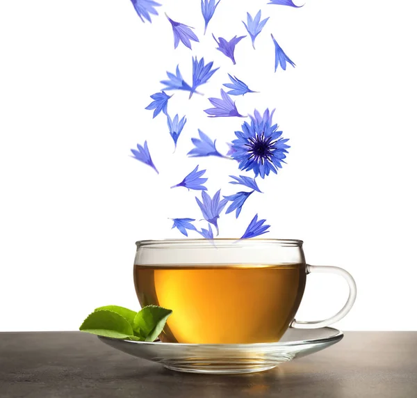 Schöne Zarte Blaue Kornblumenblätter Die Eine Tasse Tee Auf Weißem — Stockfoto
