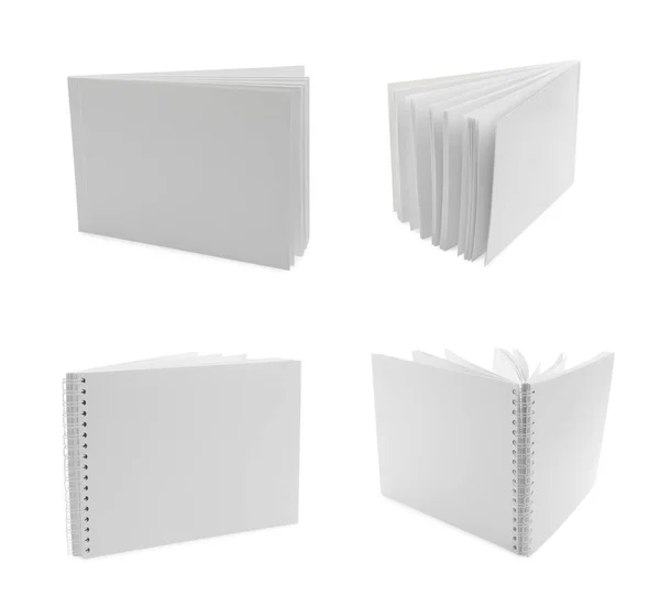 Állítsa Üres Papír Brosúrák Fehér Alapon Mockup Tervezéshez — Stock Fotó