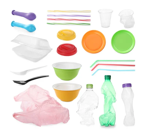 Set Met Verschillende Plastic Voorwerpen Witte Achtergrond — Stockfoto