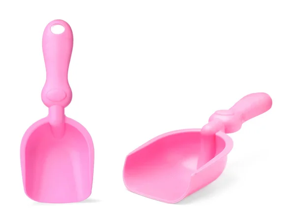 Pinke Plastik Spielzeugschaufeln Auf Weißem Hintergrund Collage — Stockfoto