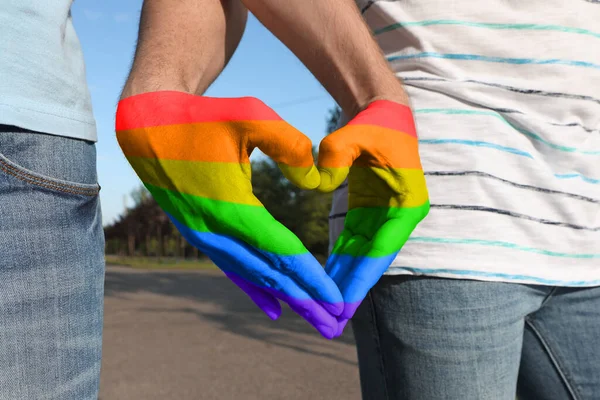 Gay Couple Forming Heart Hands Park Closeup — Stock Photo, Image