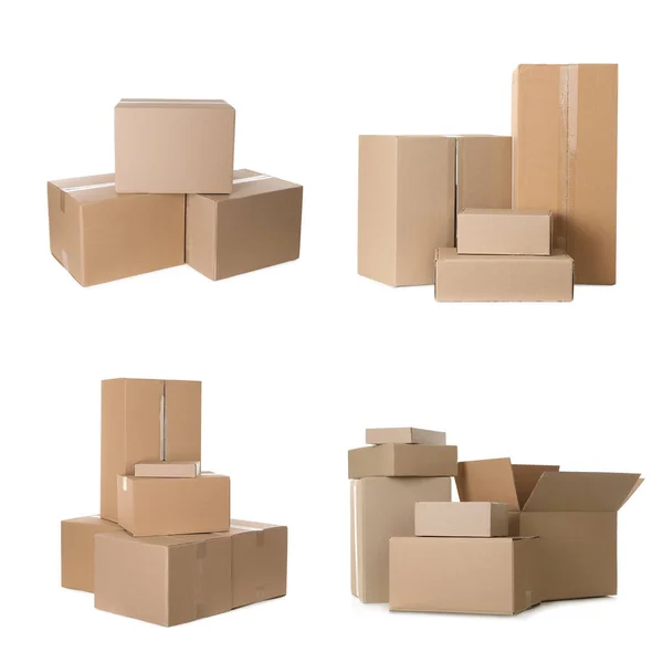 Набор Различными Картонными Коробками Белом Фоне — стоковое фото