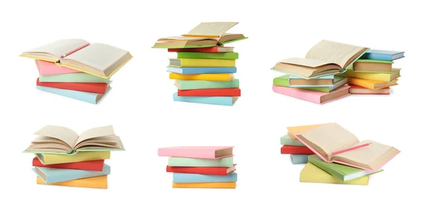 Set Con Diferentes Libros Tapa Dura Sobre Fondo Blanco Diseño — Foto de Stock