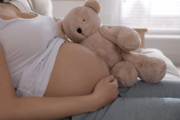 Young Pregnant Woman Toy Bear Home Closeup — Stock Photo, Image